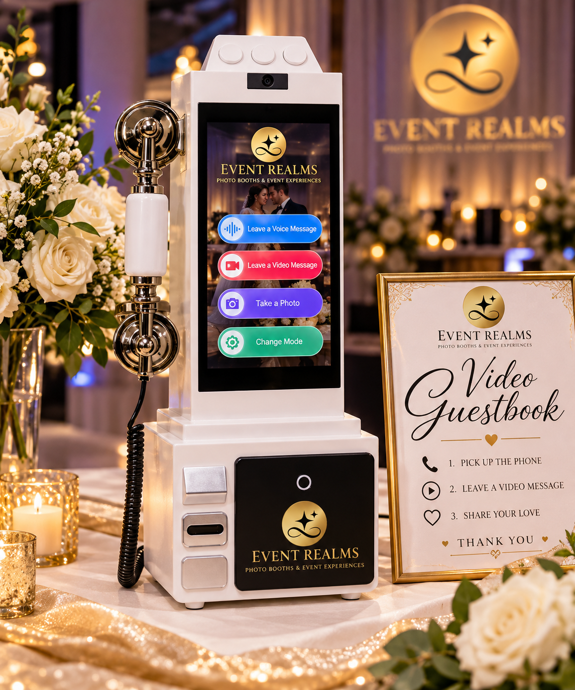 White vintage-style video and audio guestbook product presentation